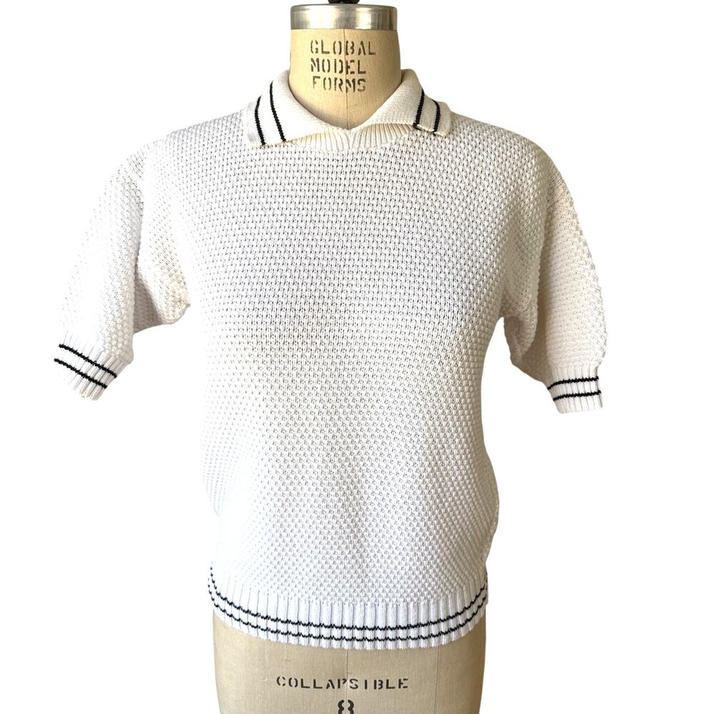 The Fox Collection Vintage Cotton Knit Polo White Navy Blue Size Medium Minimal